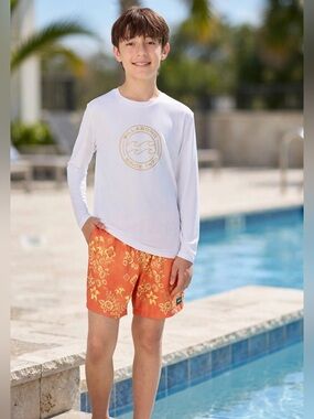 Billabong Kids White Long-Sleeve Rash Guard with Orange Floral Swim Shorts.